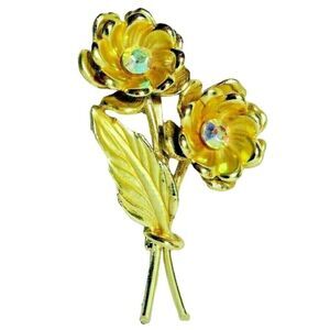 Flowers Brooch Pin Gold Tone Metal Rhinestones Vintage 60s Fashion Jewelry Gift